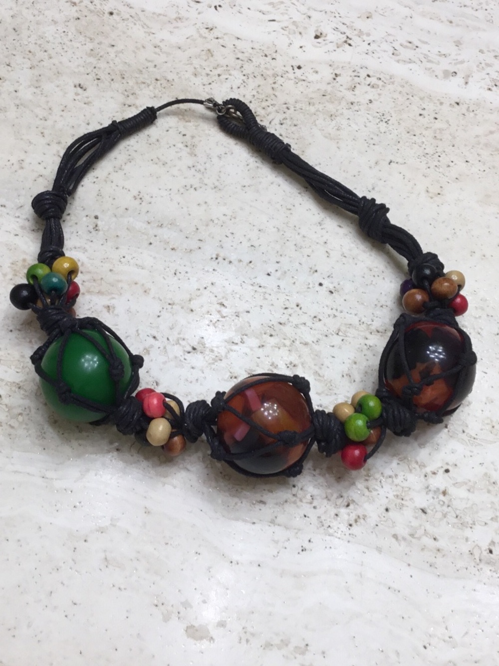 Handcrafted Chunky Large Spherical Beads Wrapped Black Macrame Boho Necklace